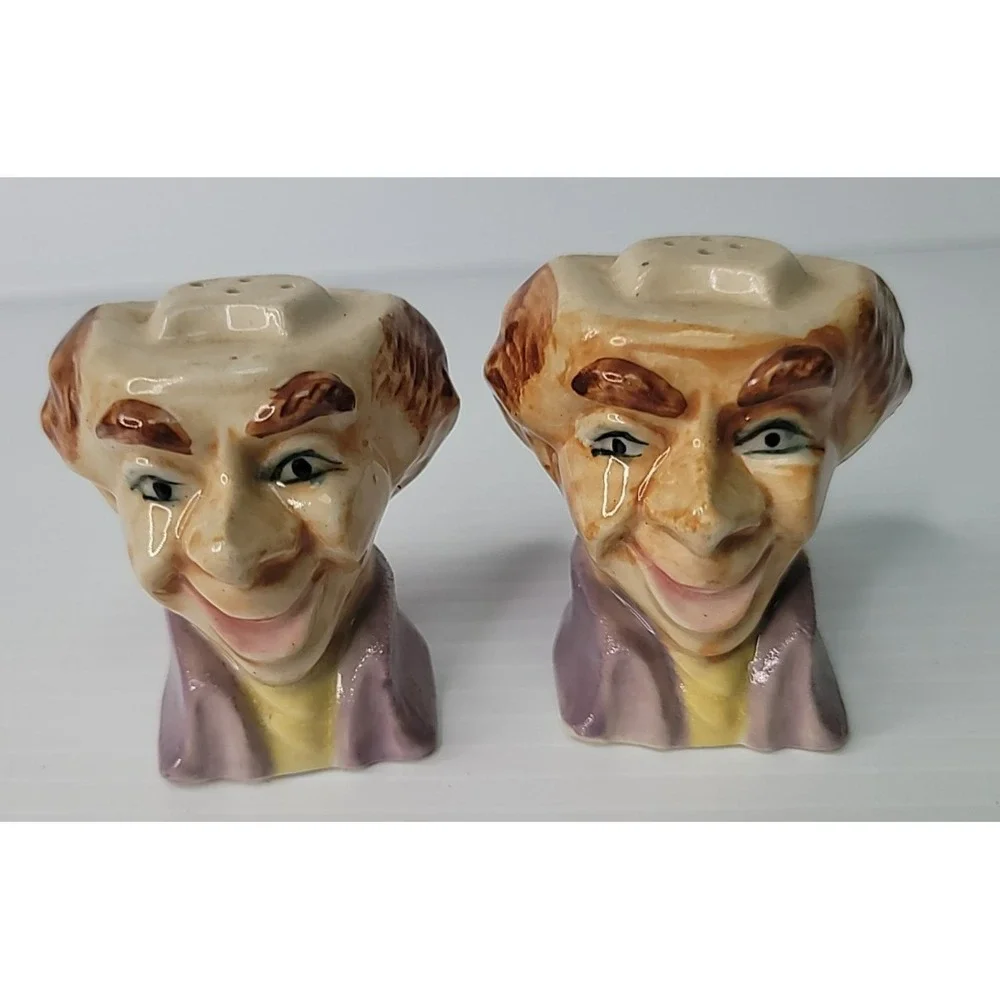 Vintage Japan Porcelain 2 Old Jester‎ Men Salt Shakers w/ Original Cork Stoppers